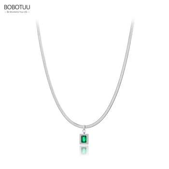 BOBOTUU Модные черно-зеленые ожерелья с подвесками из кубического циркония для женщин, ожерелье с плоской змеиной цепочкой из нержавеющей стали, ювелирные изделия BN22087