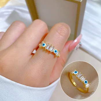 Новое кольцо Lucky Blue Turkish Evil Eye с открытым кольцом, Медь, CZ Кристалл, Кольца для пальцев золотого цвета, регулируемые для женщин, модные украшения для девочек