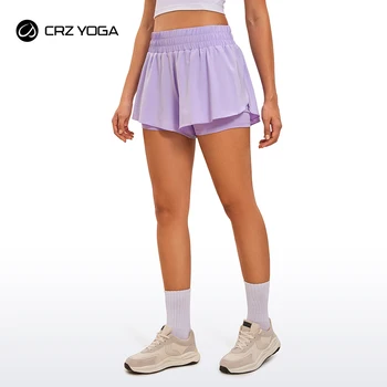 Струящиеся шорты для бега CRZ YOGA 2 в 1 для женщин, быстросохнущие шорты для тренировок в тренажерном зале с высокой талией, милые теннисные юбки