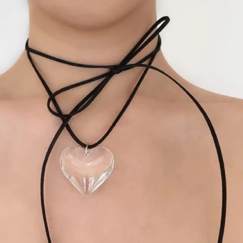 Простое Прозрачное ожерелье с подвеской в виде сердца, Регулируемые Ожерелья-ошейники, Цепочка для ключиц, Колье-чокер с бантом, Ювелирные изделия