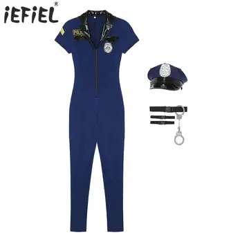 Женские костюмы для косплея полицейских, комбинезон на молнии спереди, шляпа, пояс, значок с наручниками, Костюмы полицейских из 7 предметов