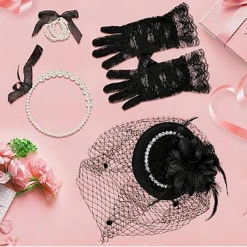 4шт Головная повязка, шляпа, короткие кружевные перчатки, Жемчужное ожерелье, свадебные костюмы, шляпы для чаепития на Хэллоуин для женщин и девочек