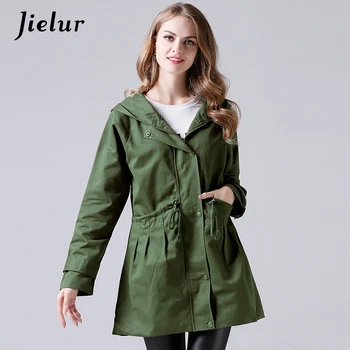 Осенняя мода, размер XL-4XL, Армейское зеленое пальто, женский Длинный тренч с завязками на талии, Женская Ветровка с капюшоном