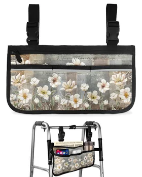 Абстрактная сумка для инвалидной коляски в стиле ретро с белым цветком, с карманами, боковые сумки на подлокотниках, Прогулочная рама для электрического скутера, сумка для хранения