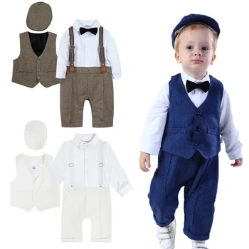 Смокинг для новорожденных, комплект одежды для крестин для маленьких мальчиков, комбинезон для младенческой свадьбы, вечерние наряды для малышей, саржевый костюм с длинным рукавом