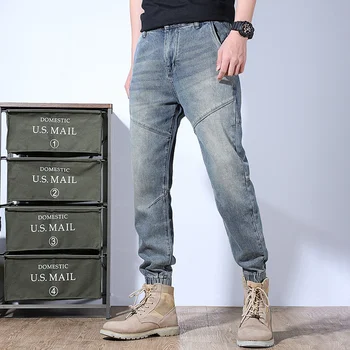 Весенние мужские Простые джинсы для бега Трусцой в стиле Ретро 2024, Повседневные Свободные джинсовые Брюки-карандаш, Хлопчатобумажные Брюки, мужские