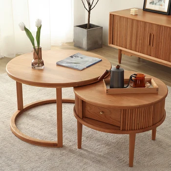Круглый журнальный столик из массива дерева, Комбинированные приставные столики, Японская мебель для гостиной, диван-приставной столик для маленькой квартиры