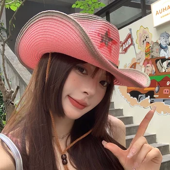 Женская широкополая шляпа Pink Spice Girl Western Denim Hat Y2K Летняя походная шляпа для активного отдыха с защитой от ультрафиолета с ветрозащитной веревкой