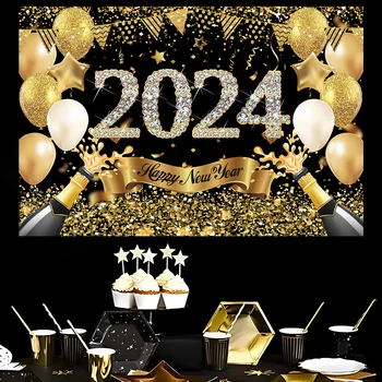 С Новым годом, Черный Золотой фон, настольная дорожка для 2024 Фейерверк, Шампанское, Новогодняя вечеринка, фон для фотосъемки, декор для вечеринки