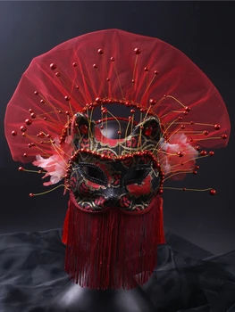Маска из ПВХ, красная, Черная, в китайском стиле, Объемный головной убор из пряжи с кисточками, Изысканный модный реквизит для выступлений на сцене для взрослых