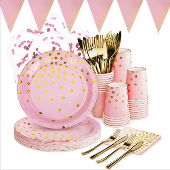 Одноразовая посуда для вечеринки для маленьких девочек в розово-золотой горошек, бумажный стаканчик, тарелка, декор для вечеринки в честь 1-го дня рождения, принадлежности для вечеринки в честь детского душа