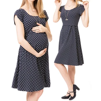 Модное платье с принтом для беременных, Короткий рукав, Круглый вырез, платье с коротким рукавом, платье для беременных в горошек, платье для беременных, платье для кормящих
