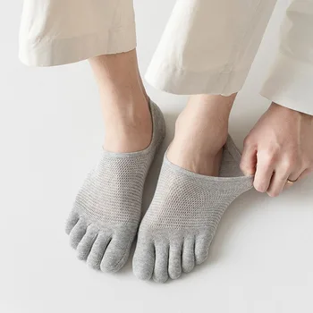 Летние тонкие носки с пятью пальцами, мужские однотонные сетчатые дышащие невидимые носки с раздельным носком, нескользящие силиконовые носки, хлопковые короткие носки