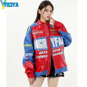 YICIYA кожаные куртки на молнии С Вышивкой, бомбер, женская гоночная зимняя Корейская модная Куртка, винтажная Верхняя Одежда, пальто, Дизайн 2023