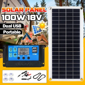 Полный Комплект Солнечной Панели 12V/5V Dual USB + DC Outport Солнечное Зарядное Устройство Для Наружного Автомобиля RV Перезаряжаемый Комплект с Контроллером и Кабелем 30-60A
