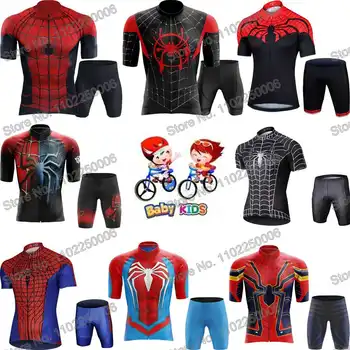 Комплект из джерси с мультяшным пауком для мальчиков, одежда для велоспорта с аниме для девочек, Детская рубашка для шоссейного велосипеда, костюм для MTB велосипеда, нагрудник, шорты