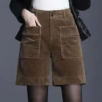 Горячие шорты Женские с высокой талией, сплошные карманы, зимняя мода, Ретро, Элегантные повседневные, Свободные, шикарные 5-точечные шорты Cozy T539