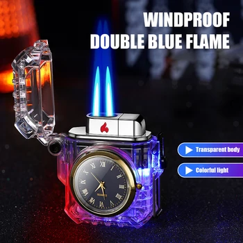 2023 Ветрозащитные часы IPL Надувная зажигалка с одинарным красным пламенем и двойным синим пламенем, Съемный корпус, Регулировка размера пламени