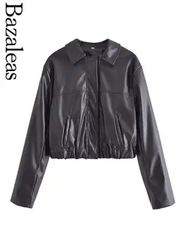 2023 Bazaleas Store Traf женская куртка Пуховики из искусственной кожи с застежкой-молнией по центру, свободные куртки, официальная одежда