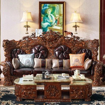 Натуральная кожа в европейском стиле, резьба по дереву, большая гостиная, диван для виллы, роскошная мебель