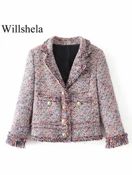 Willshela Женская мода с карманами-кисточками, текстурные однобортные куртки, Винтажный V-образный вырез, Длинные рукава, Шикарные женские наряды