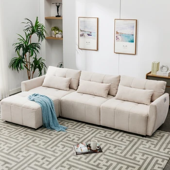Секционный диван 113,3 дюйма, Комфортный Раскладной диван, 3-местный Г-образный диван с Подвижной оттоманкой и USB-разъемом для квартиры, Гостиной, Бежевый
