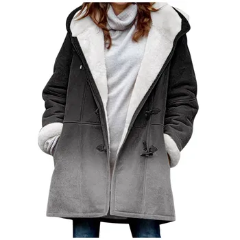 Зимние плюшевые длинные пальто с градиентным принтом, женские пуговицы, свободная куртка с капюшоном, женские теплые флисовые повседневные толстовки с мягкими карманами, пальто