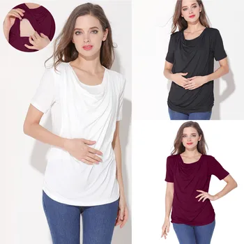 Футболка для беременных и кормящих грудью, женская повседневная футболка Soild Color, базовая блузка для кормящих мам с коротким рукавом