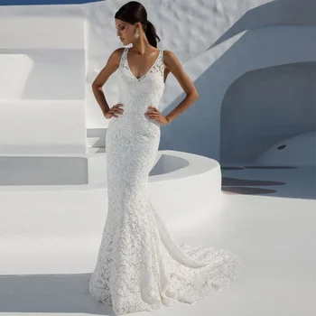 Летнее женское платье 2022, роскошное кружевное Белое свадебное платье без рукавов с V-образным вырезом, платья подружек невесты с открытой спиной, Vestidos 4XL