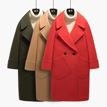 Шерстяное пальто средней длины Concubine, новый зимний стиль, свободный темперамент, красное шерстяное пальто модной формы, женское