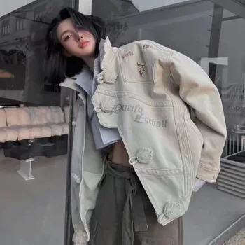 2023 Осенние винтажные куртки Y2k для женщин в китайском стиле с дисковой пряжкой и отложным воротником, свободное пальто, женская повседневная верхняя одежда с вышивкой