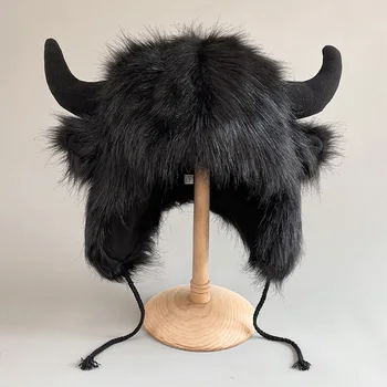 Большая черная шляпа thunderbolt из коровьего меха, зимняя теплая защита ушей, индивидуальная ветрозащитная хлопчатобумажная шляпа для езды на электромобиле в холодную погоду