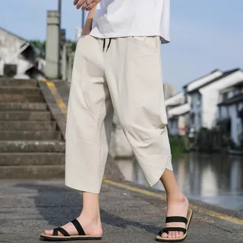 Летние шаровары Harajuku Повседневные мужские широкие хлопковые льняные мешковатые брюки длиной до икр Модная мужская одежда