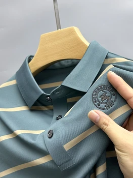 Высококлассный бренд Ice silk в полоску с коротким рукавом, рубашка поло Paul с принтом значка, мужская футболка с лацканами 2023, новая летняя дышащая мода