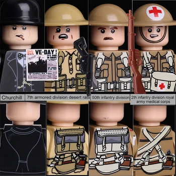 MOC Военные фигурки Черчилля Второй мировой войны, армия Англии, британские солдаты-медики, пехота, сцена войны, войска, Оружие, Кирпичи, игрушки, подарок для мальчиков
