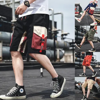 Летние спортивные шорты-карго Брюки Мужские 2023 Прямые Короткие брюки в корейском стиле Черные спортивные брюки Мужские повседневные брюки в стиле пэчворк