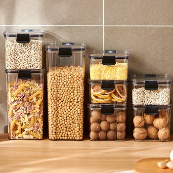 Кухонные контейнеры для хранения продуктов - Пластиковые коробки для сыпучих продуктов, банки с крышками, кухонные органайзеры для домашних помещений для хранения продуктов питания