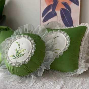Наволочка в стиле ретро с ландышем, наволочка для дивана для гостиной, Декоративная подушка для кровати, Зеленая круглая Квадратная кружевная подушка